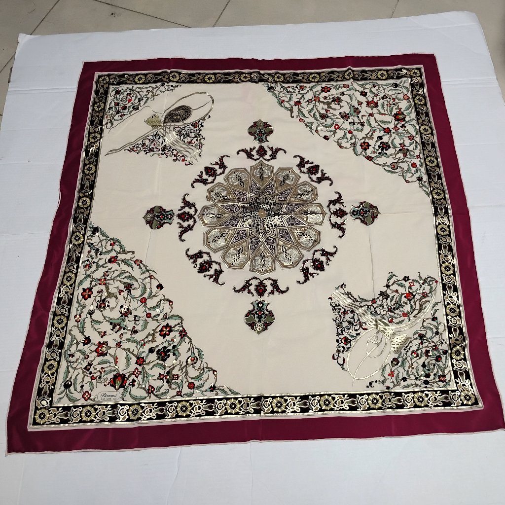 Stunning Piramit Floral Painted Gold Metallic Silk Piano Shawl Scarf 35x36